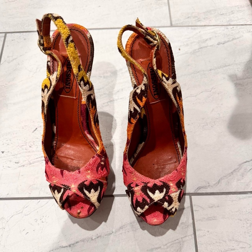 Missoni Pink and Yellow Patterned Slingback Peep-Toe Heels